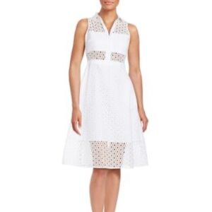 GUESS  Sleeveless Collared Eyelet Dress Elise White Midi Open Cut Out SZ 6